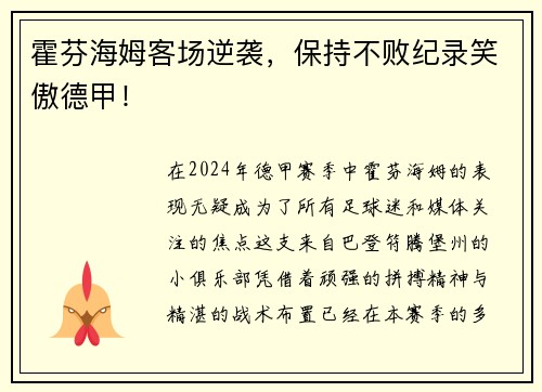霍芬海姆客场逆袭，保持不败纪录笑傲德甲！